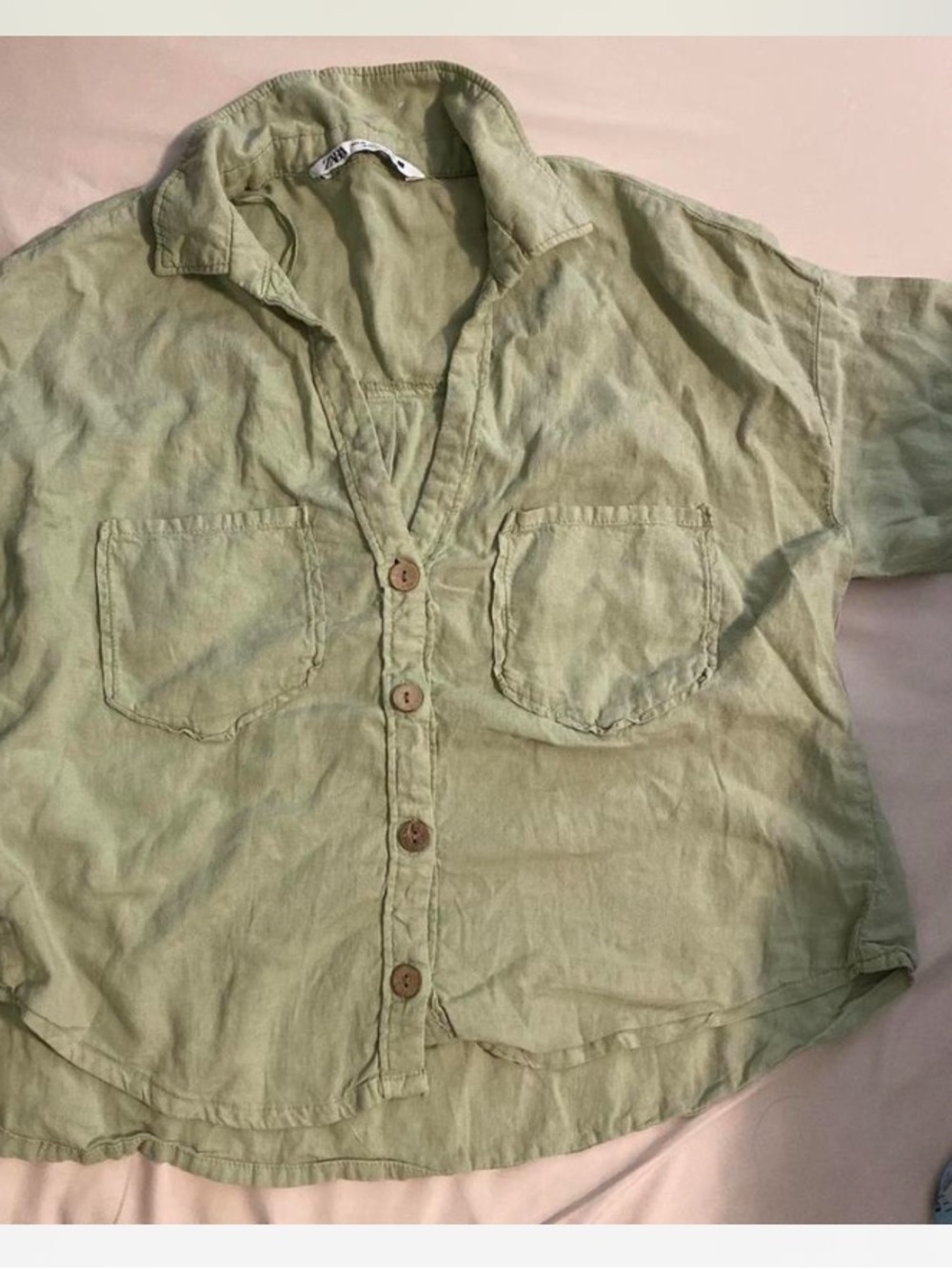 Zara Sage Green Relaxed Button-Front Shirt Sz XS